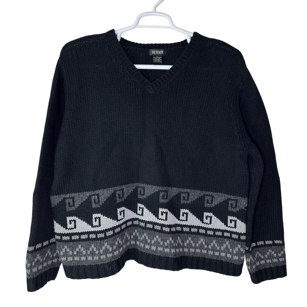 111 State Men's Large Sweater Lambs Wool Black‎ Gray V Neck Knit Oversized EUC